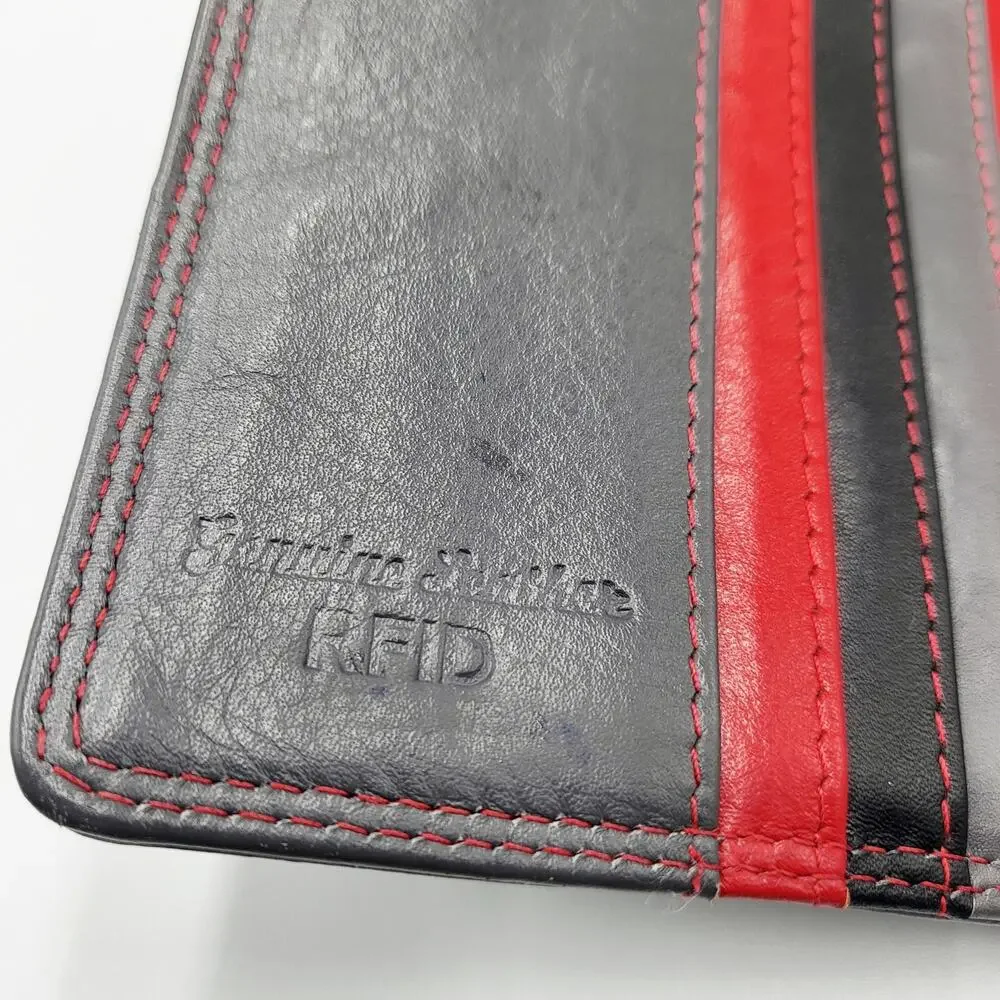 Red Gray & Black Colorblock Genuine Leather RFID Protection Tri-Fold Wallet